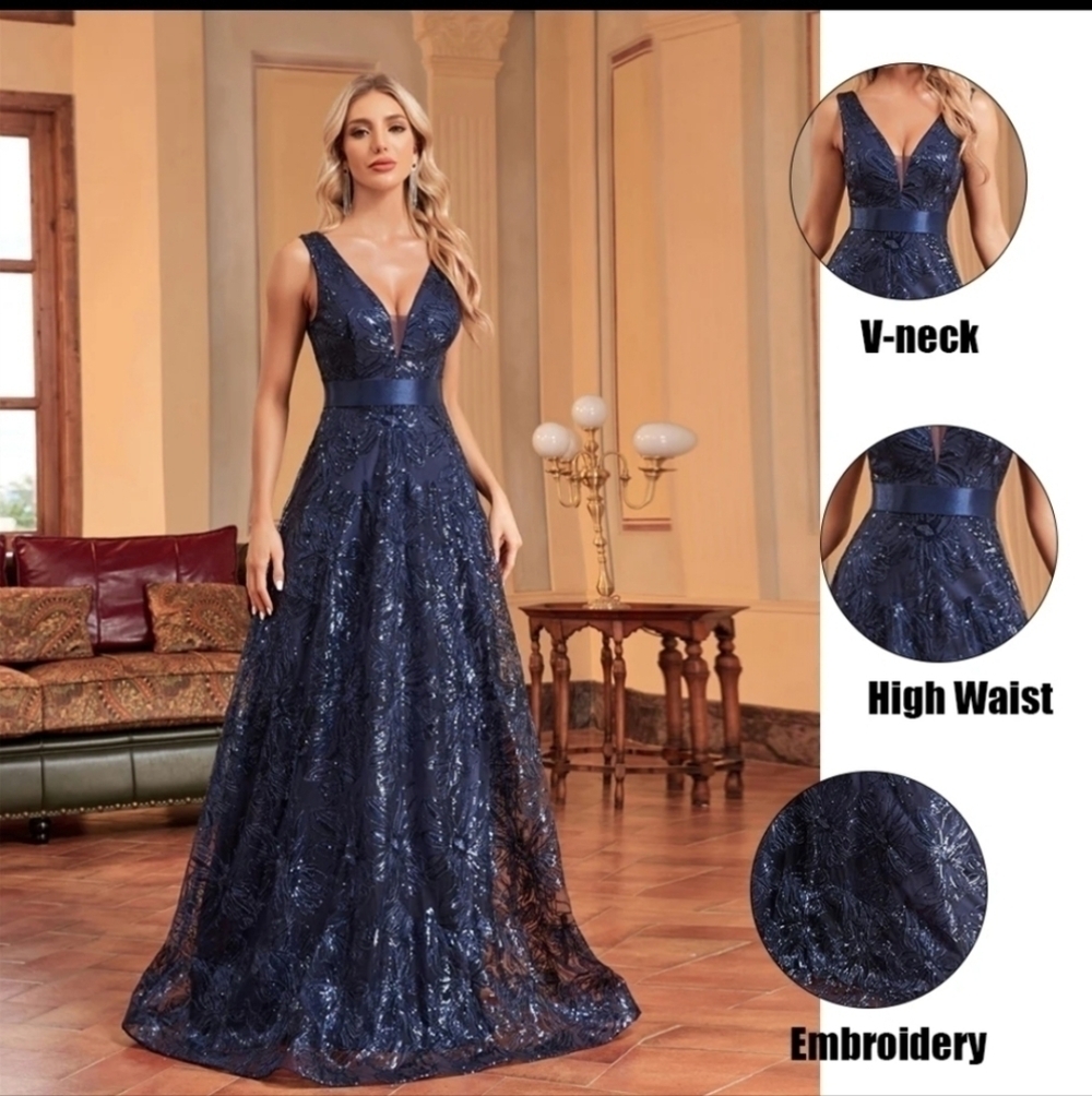 Blue Embroidered,  V Neck, Empire, Tulle,  Gown